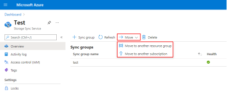 An image showing the Azure portal for a Storage Sync Service resource, with the Move command expanded. It shows the resource group move and subscription move options.