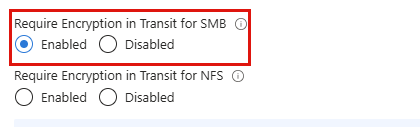 Screenshot of the Security pane for classic file shares, with the Require Encryption in Transit for SMB setting highlighted.