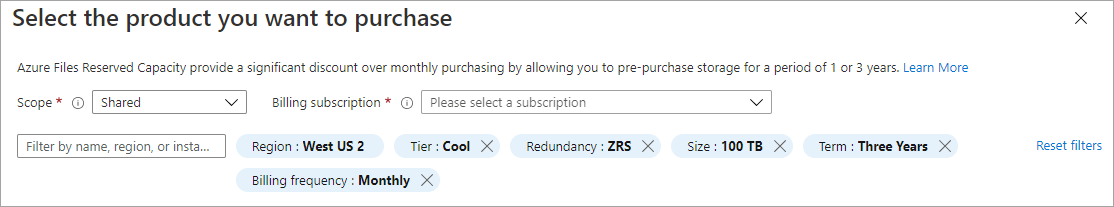 Screenshot showing how to purchase reserved capacity