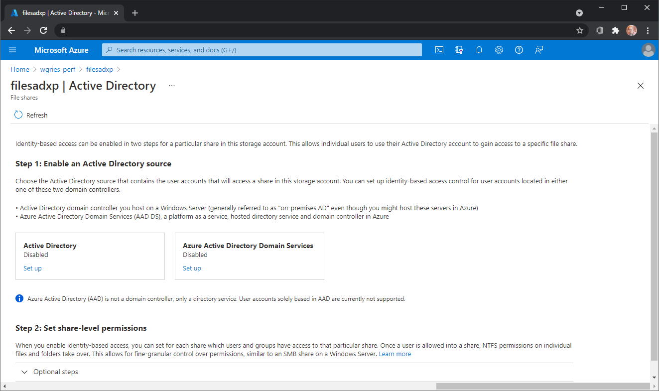 Screenshot of the new portal experience for domain joining a storage account to Active Directory