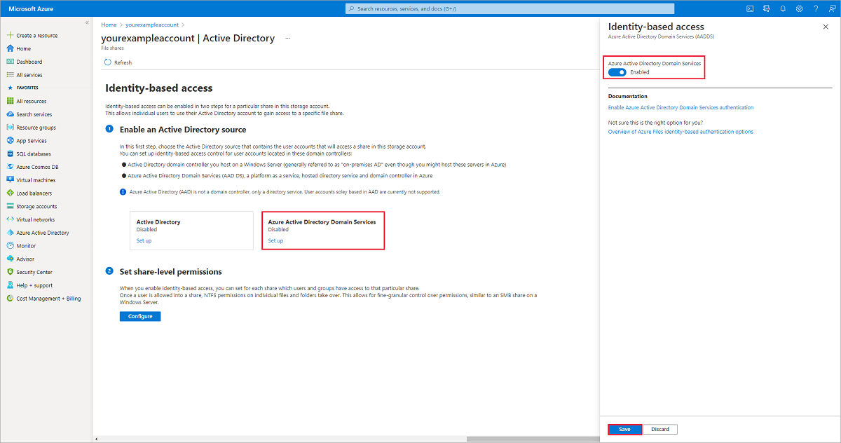 Screenshot of the Active Directory pane, Azure Active Directory Domain Services is enabled.