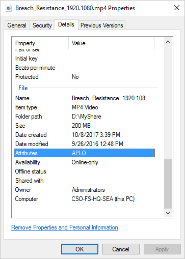 The Properties dialog box for a file, with the Details tab selected