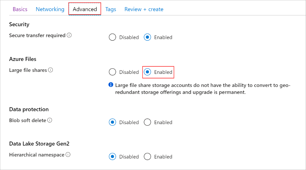 An image showing the Advanced tab in the Azure portal for creating a storage account.