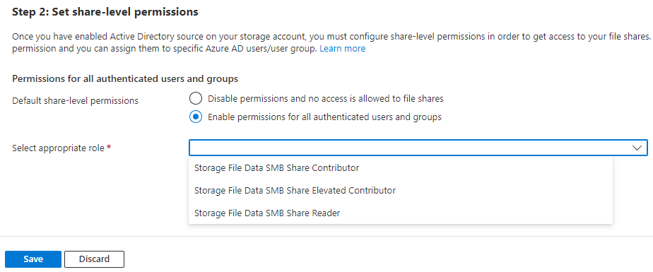Screenshot showing how to set a default share-level permission using the Azure portal.