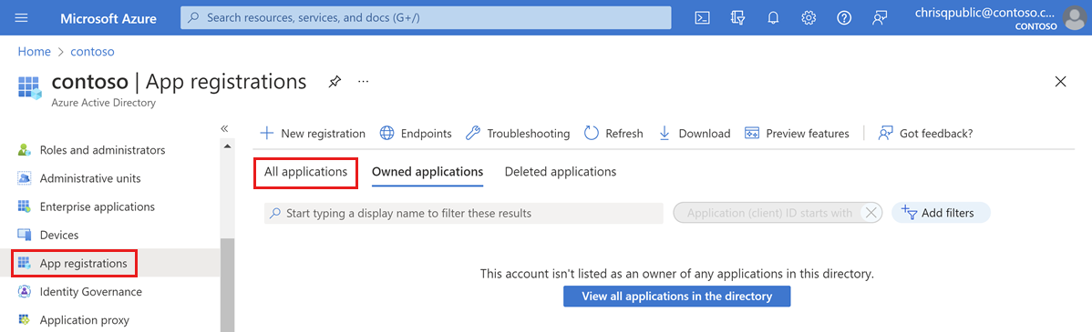 Screenshot of the Azure portal. Microsoft Entra ID is open. App registrations is selected in the left pane. All applications is highlighted in the right pane.