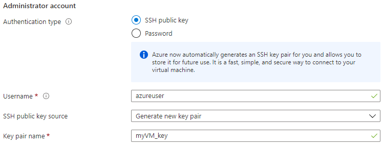 Screenshot showing how to configure the administrator account and create an S S H key pair for a new V M.