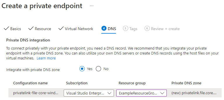 Screenshot showing how to integrate your private endpoint with a private DNS zone.