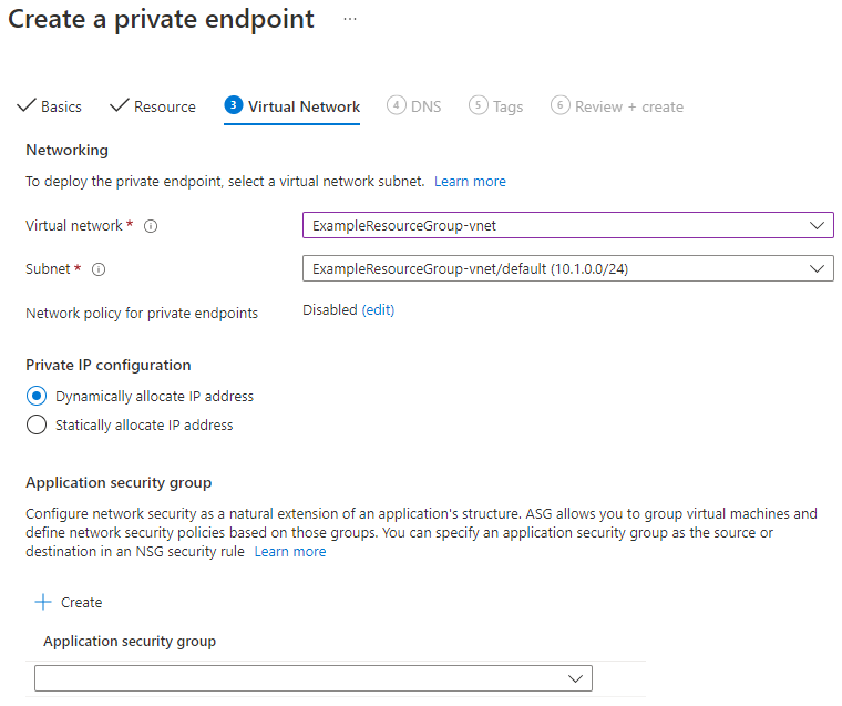 Screenshot showing how to add virtual networking and private IP configuration to a new private endpoint.