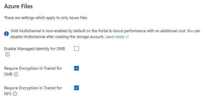 Screenshot of the Azure Files section of the Advanced tab.