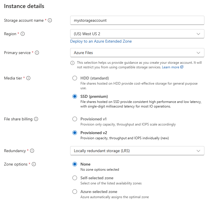 Screenshot of the instance details section of the Basics tab, with Azure Files, SSD, and provisioned v2 selected.