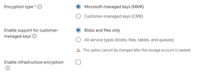 Screenshot of the Encryption tab with Microsoft-managed keys selected.