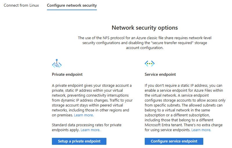 Screenshot of the network security options for an NFS classic file share, with the private endpoint and service endpoint options.