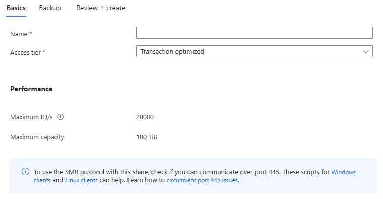 Screenshot of the Basics tab of the New classic file share page for a pay-as-you-go storage account.