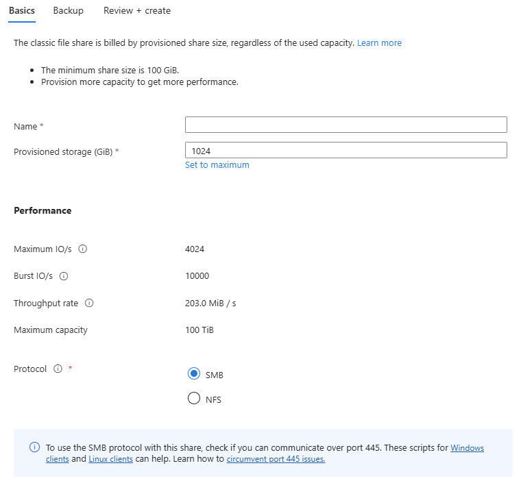 Screenshot of the Basics tab of the New classic file share page for a provisioned v1 storage account.
