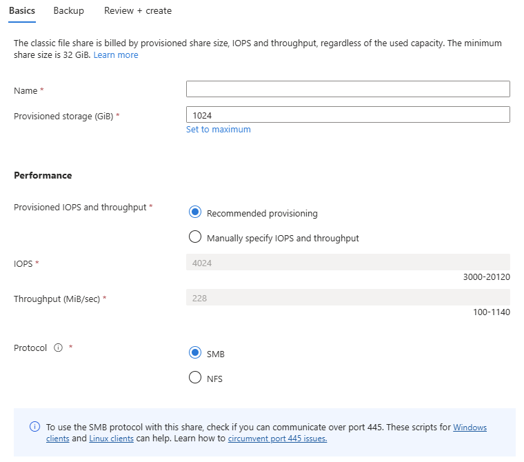 Screenshot of the Basics tab of the New classic file share page for a provisioned v2 storage account.