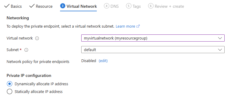 Screenshot of the Virtual Network tab of the Create a private endpoint page.