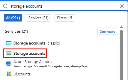 Screenshot of the Azure portal search results for storage accounts, with Storage accounts under Services highlighted.