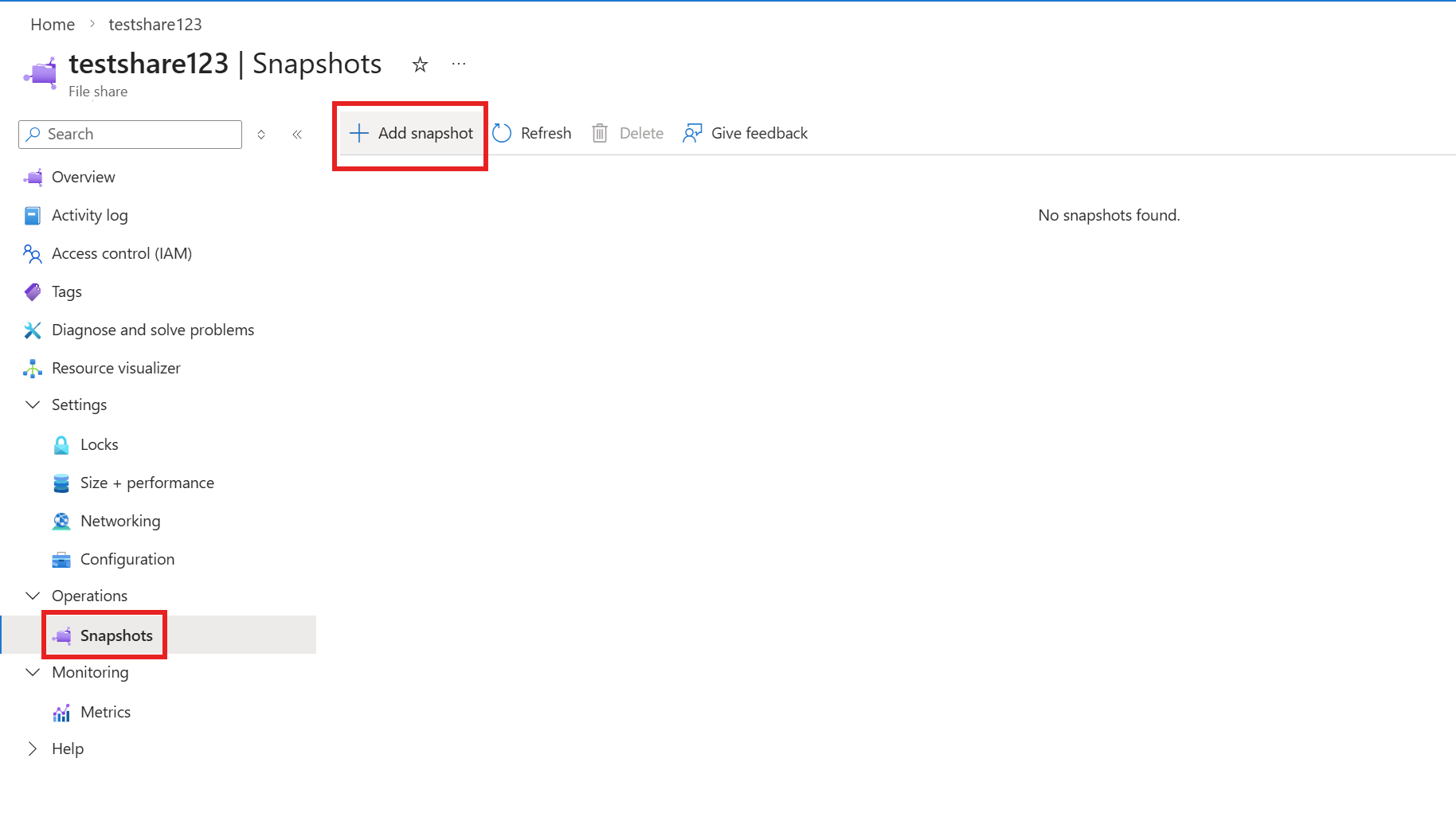 A screenshot of the Azure portal showing how to create a snapshot of a file share created with Microsoft.FileShares.