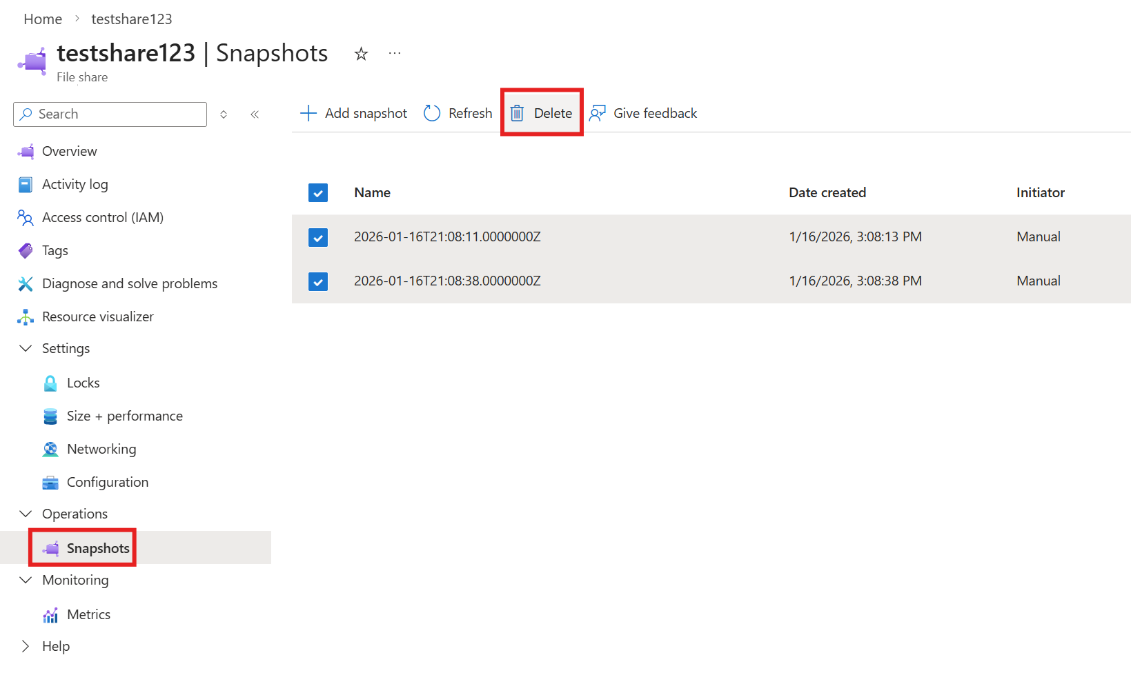 A screenshot of the Azure portal showing how to delete the snapshots for an NFS file share created with the Microsoft.FileShares resource provider.