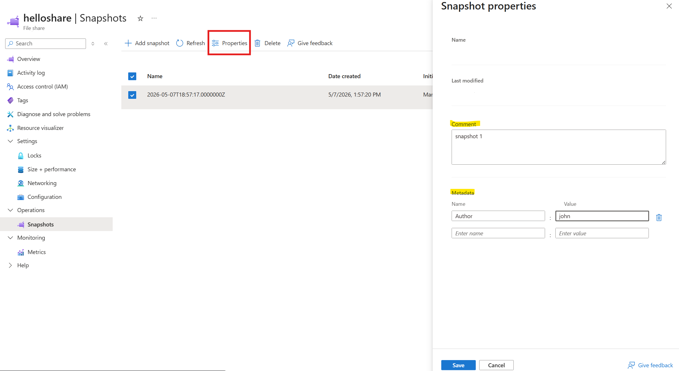 A screenshot of the Azure portal showing how to update a snapshot of a file share created with Microsoft.FileShares.