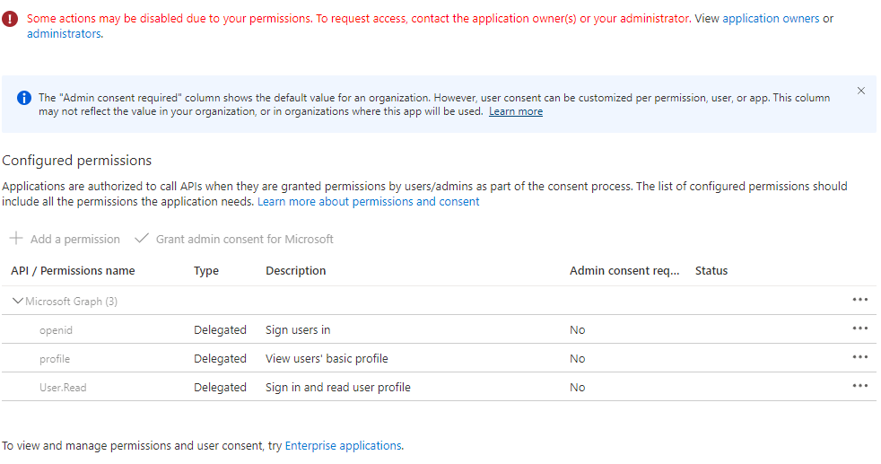Screenshot of the Azure portal configured permissions blade displaying a warning that some actions may be disabled due to your permissions.