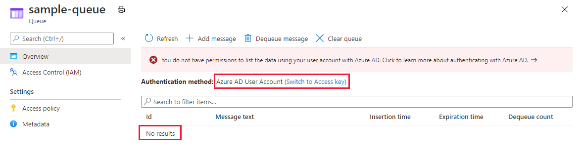 Error shown if Azure AD account does not support access