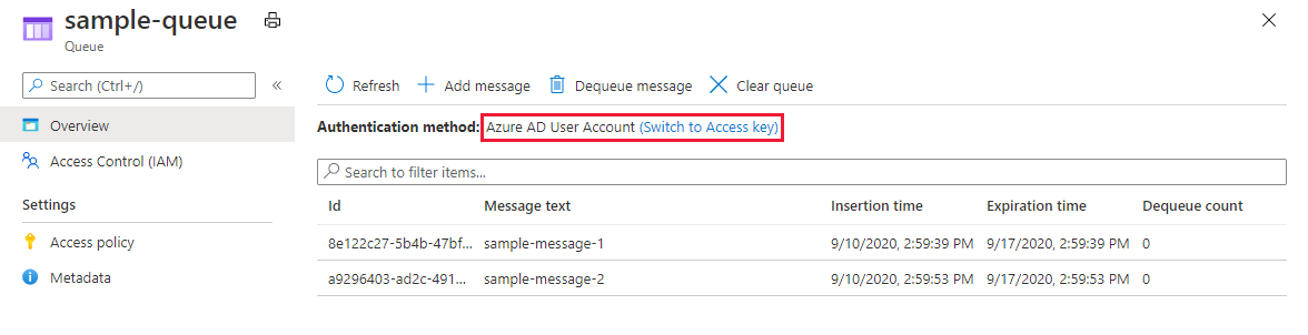 Screenshot showing user currently accessing queues with Azure AD account