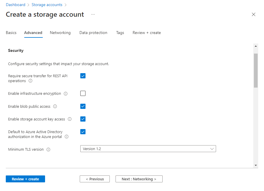 Screenshot showing how to configure default Azure AD authorization in Azure portal for new account.