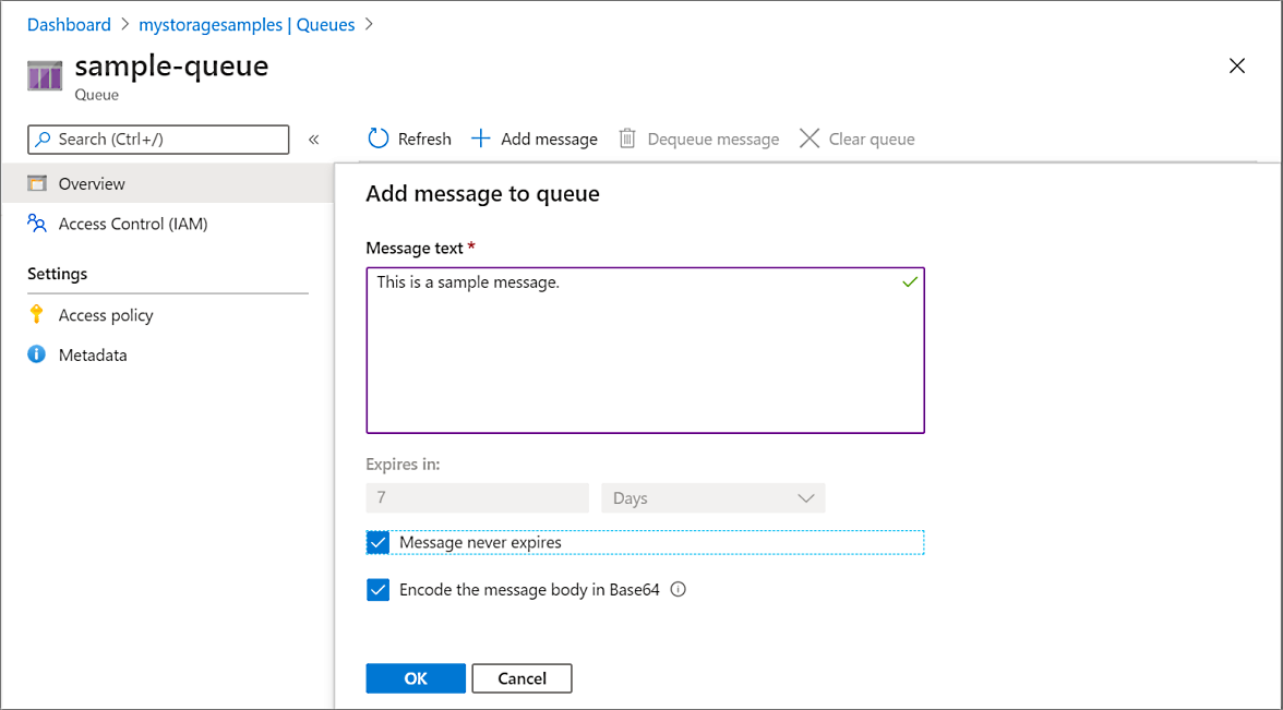 Screenshot showing how to add a message to a queue