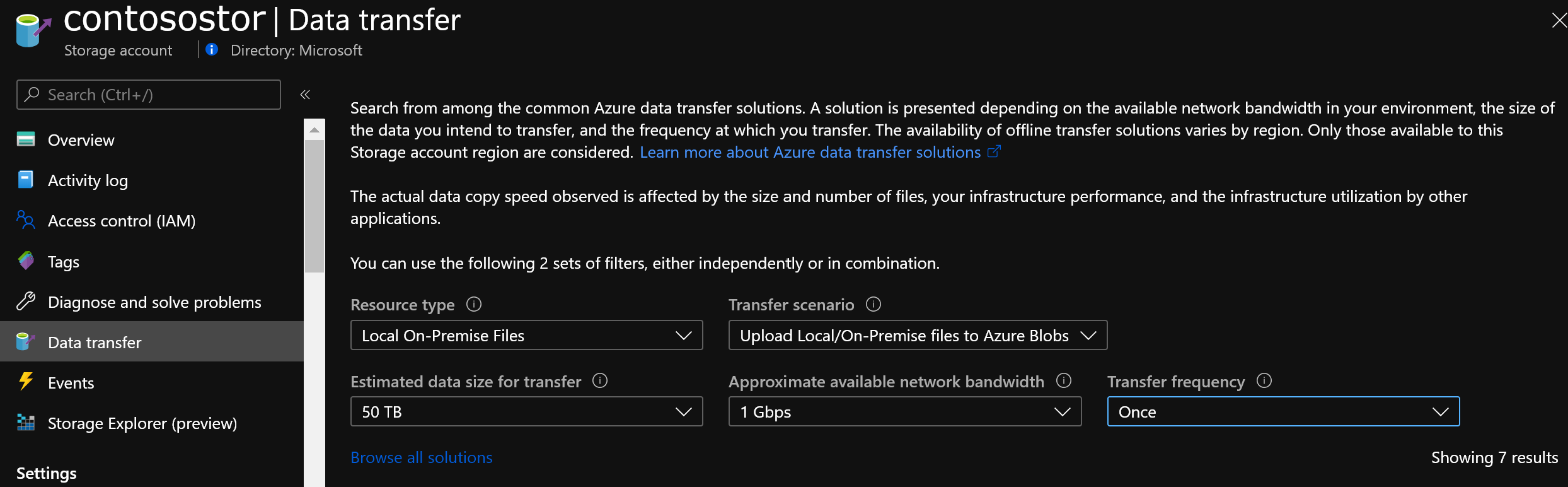 Shows the Azure Storage data transfer estimator in the portal.