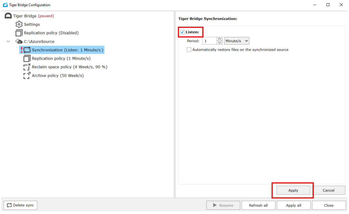 Screenshot that shows how to enable Tiger Bridge sync policy.