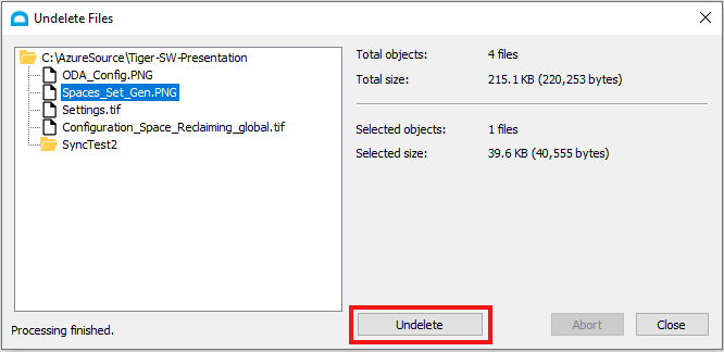 Screenshot that shows how to undelete a file protected by Tiger Bridge CDP.
