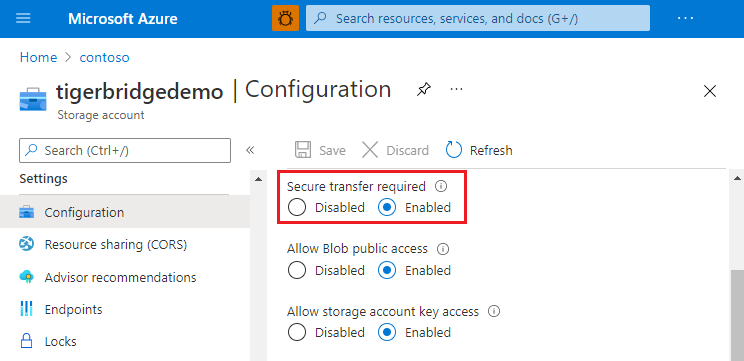Screenshot that shows how to enable, or disable secure transfer for a storage account.