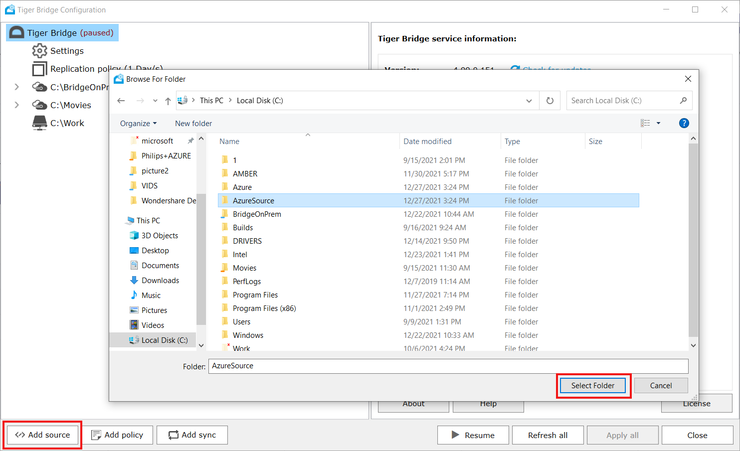 Screenshot that shows how to add a local source to Tiger Bridge server.