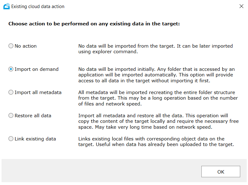 Screenshot that shows policies for managing existing data in the storage account container.