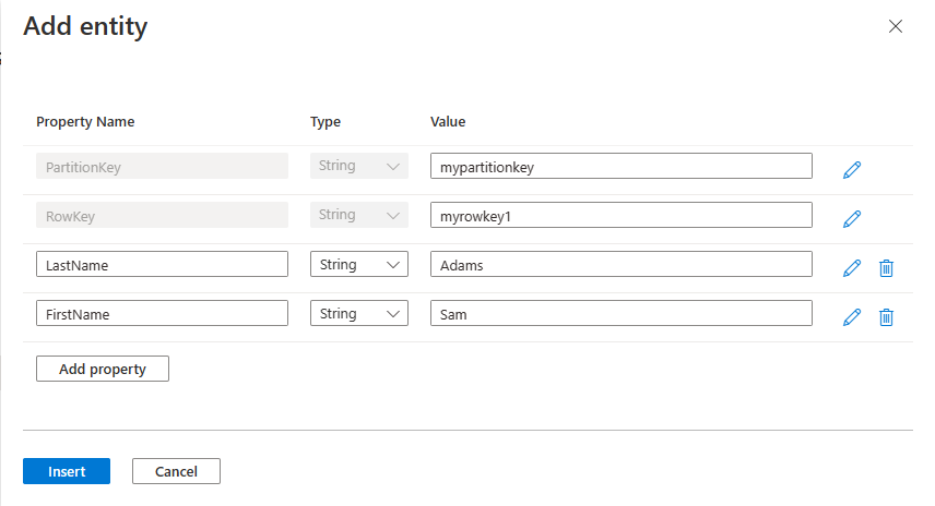 Screenshot showing how to add properties to an entity in Storage Browser in the Azure portal.