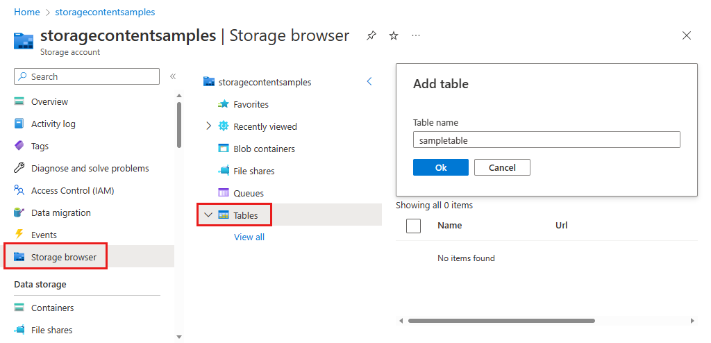 Screenshot showing how to create a table in Storage Browser in the Azure portal.