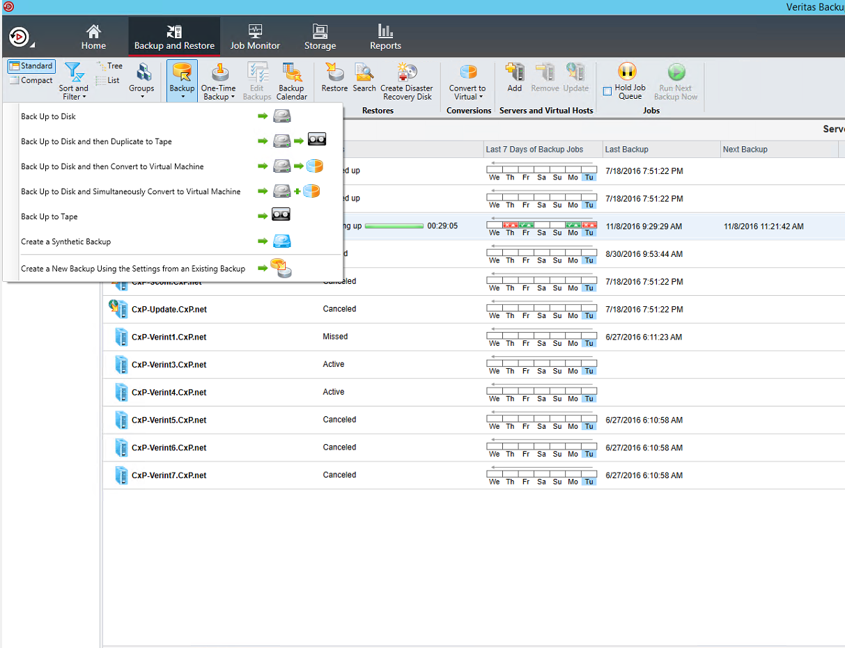 Backup Exec management console, select host, backup, and backup to disk