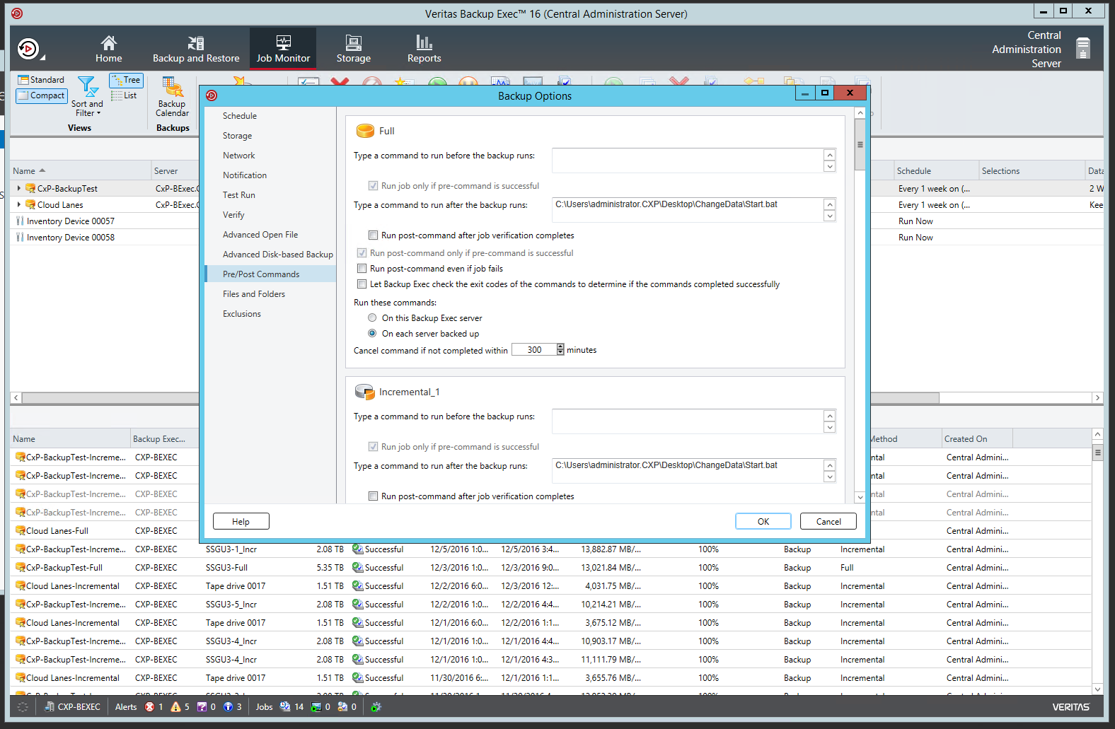 Backup Exec console, backup options, pre- and post-processing commands tab