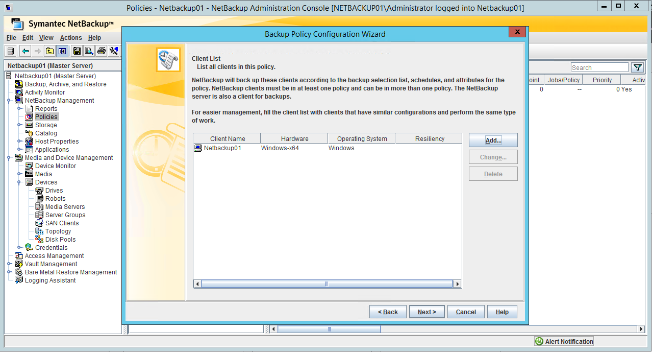 NetBackup Administration Console, list clients in a new policy