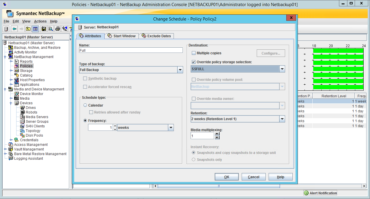 NetBackup Administration Console, change full schedule