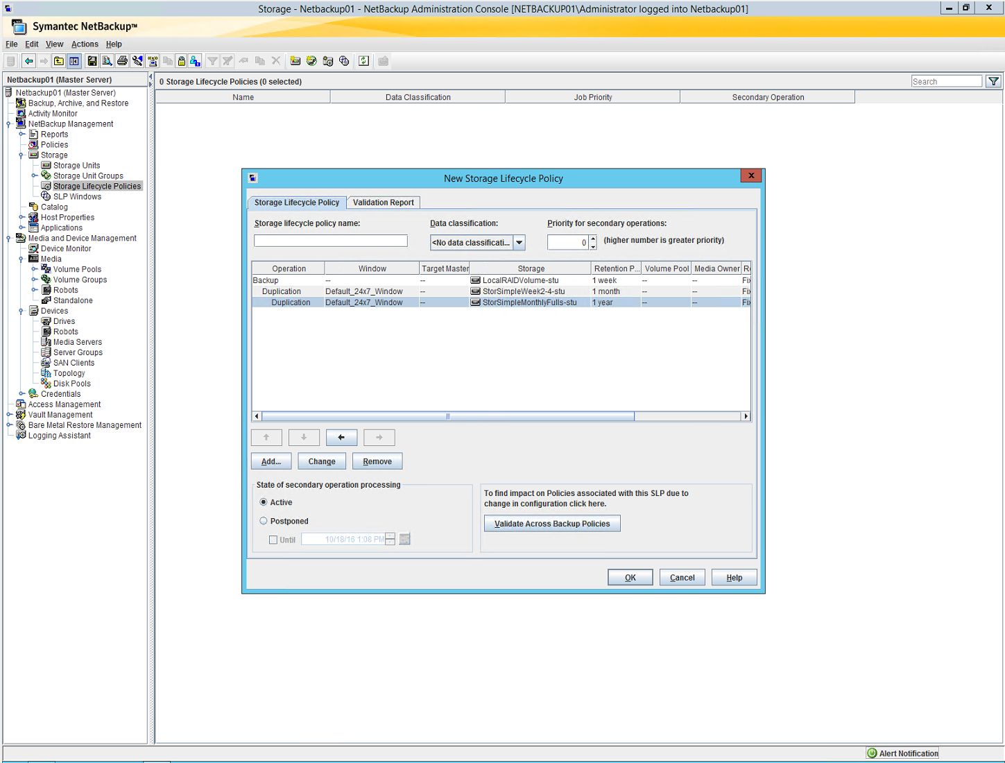 NetBackup Administration Console, New Storage Lifecycle Policy dialog box