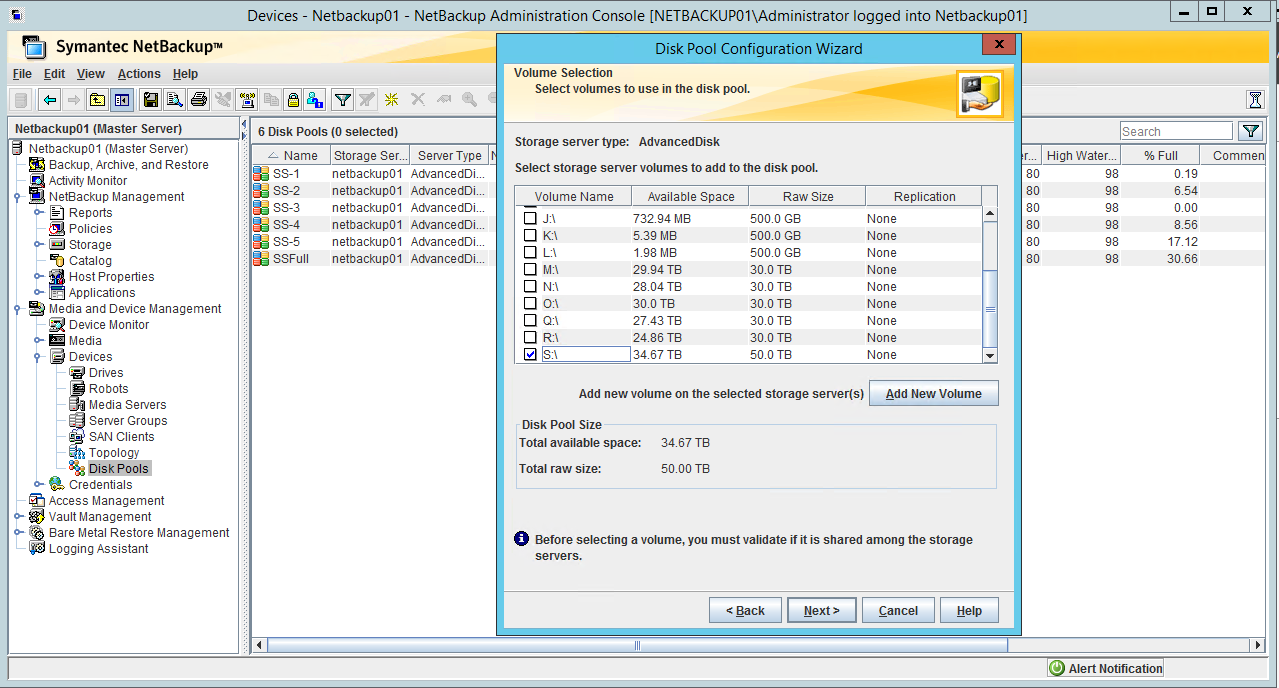NetBackup Administration Console, select the StorSimple volume disk
