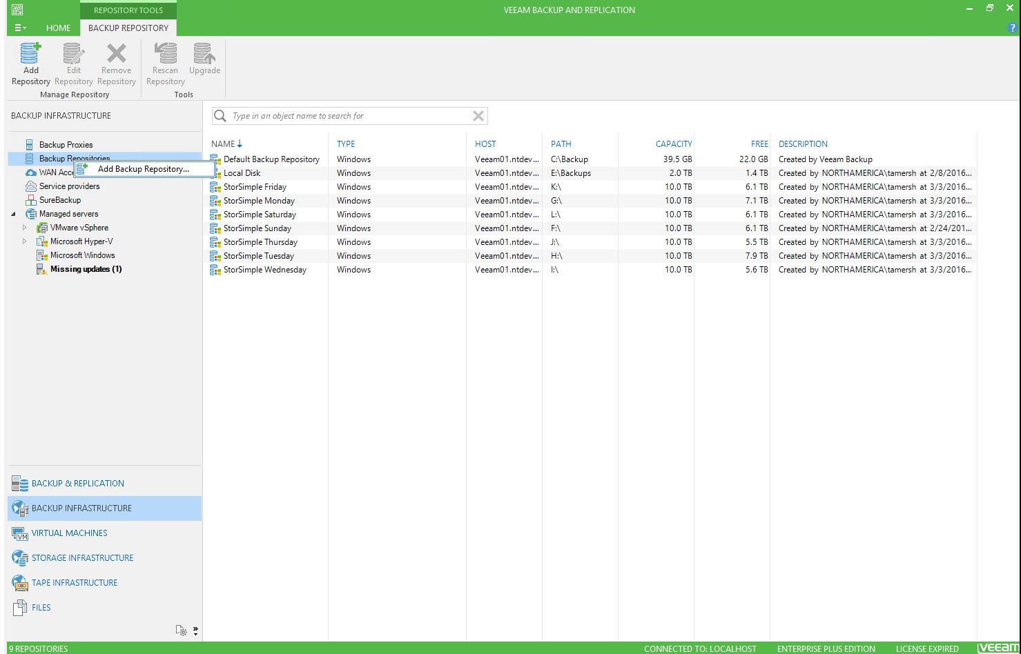 Screenshot that shows the Veeam  management console and highlights the Add Backup Repository option.