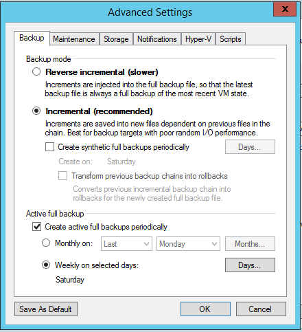 Screenshot thats shows the Veeam management console, specifically the new backup job advanced settings page
