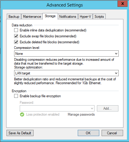 Veeam management console, new backup job advanced settings page
