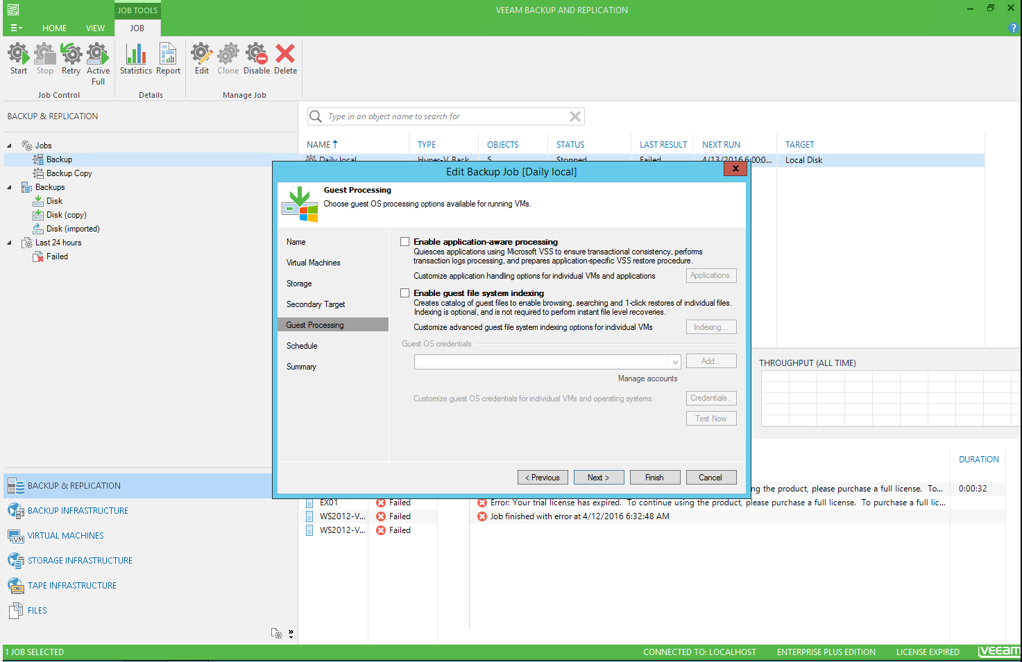 Veeam management console, new backup job guest processing page