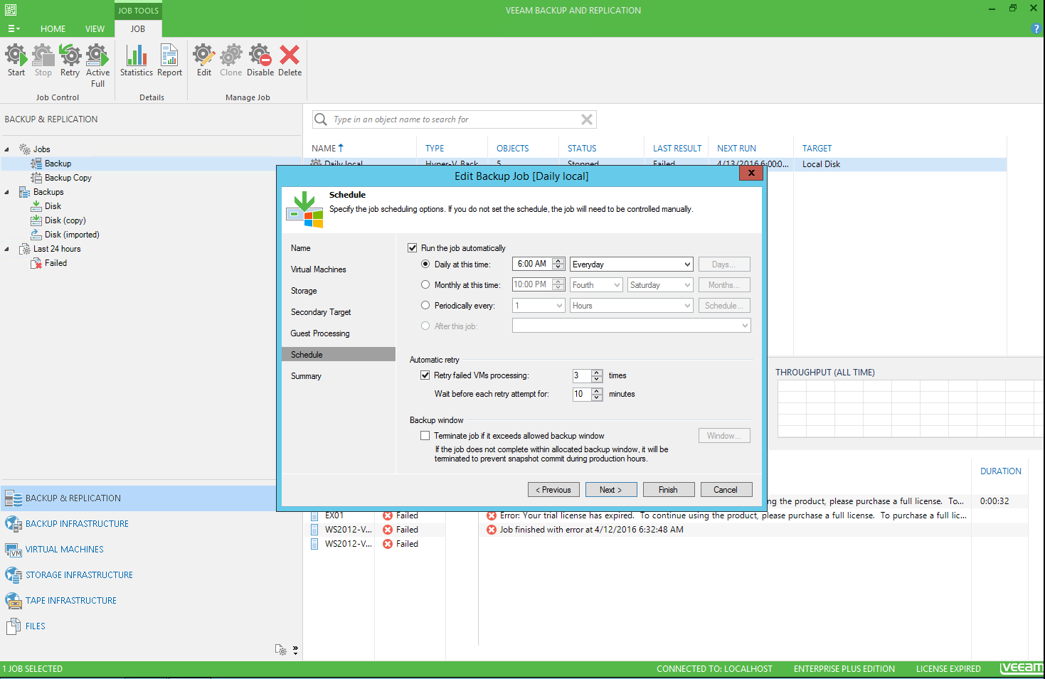 Veeam management console, new backup job schedule page