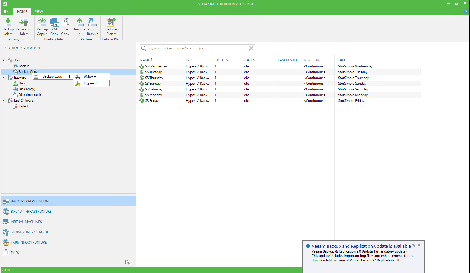Screenshot that shows the Veeam management console with the VMware and Hyper-V options that you can select.