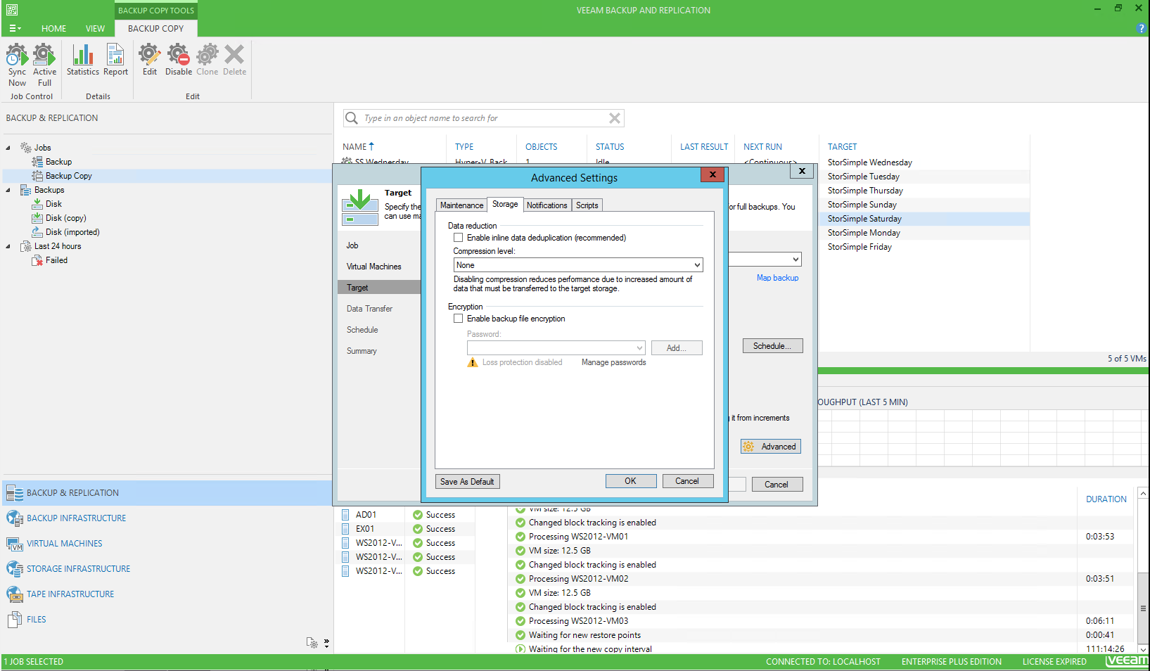 Veeam management console, new backup copy job advanced settings page